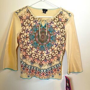 F.A.N.G T-shirt Sparkly Print on Front  with Aqua Stitching XL NWT